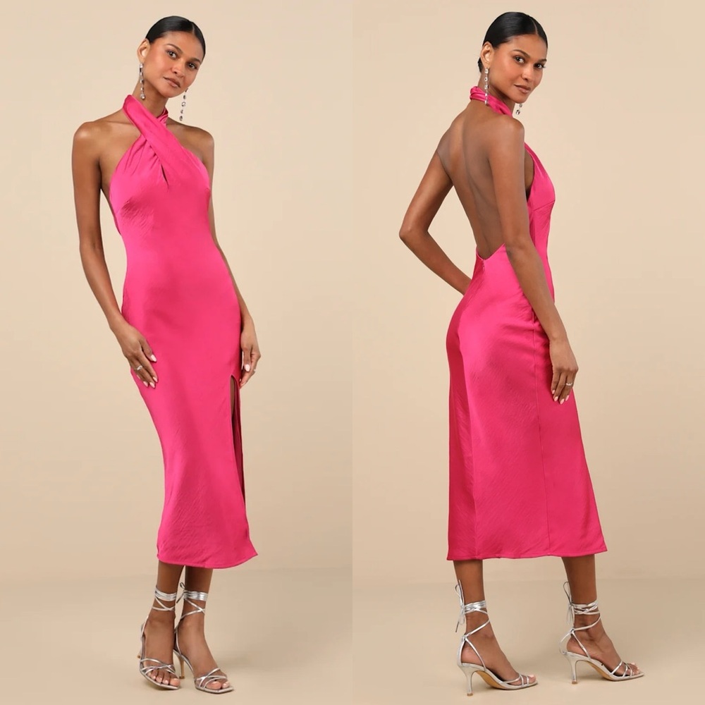 Lulus | Beyond Classy Hot Pink Satin Halter Midi Dress